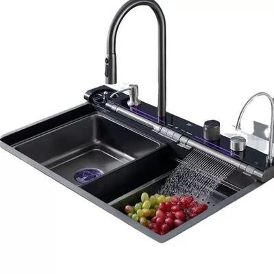 Tiktok New Trend Large 40 Inch Modern Golden Workstation Sinks One Piece Waterfall Faucet 304 Stainless Steel Kitchen Sinks Basin Bionic Honeycomb Black Kitchen Sink