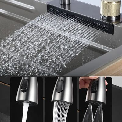 Tiktok New Trend Large 40 Inch Modern Golden Workstation Sinks One Piece Waterfall Faucet 304 Stainless Steel Kitchen Sinks Basin Bionic Honeycomb Black Kitchen Sink
